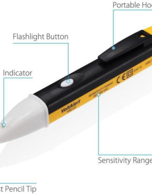Yellow non-contact AC voltage tester pen with LED light and alert sensor, 90-1000V.