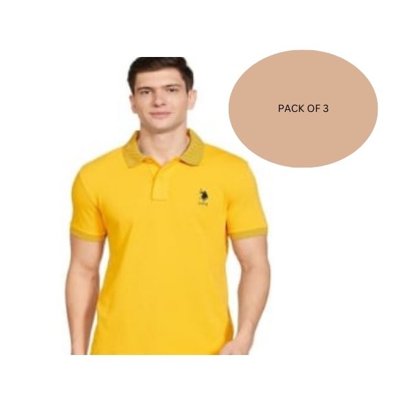Men Solid Polo Neck Cotton T-Shirt ( Pack of 3 ) Yellow M