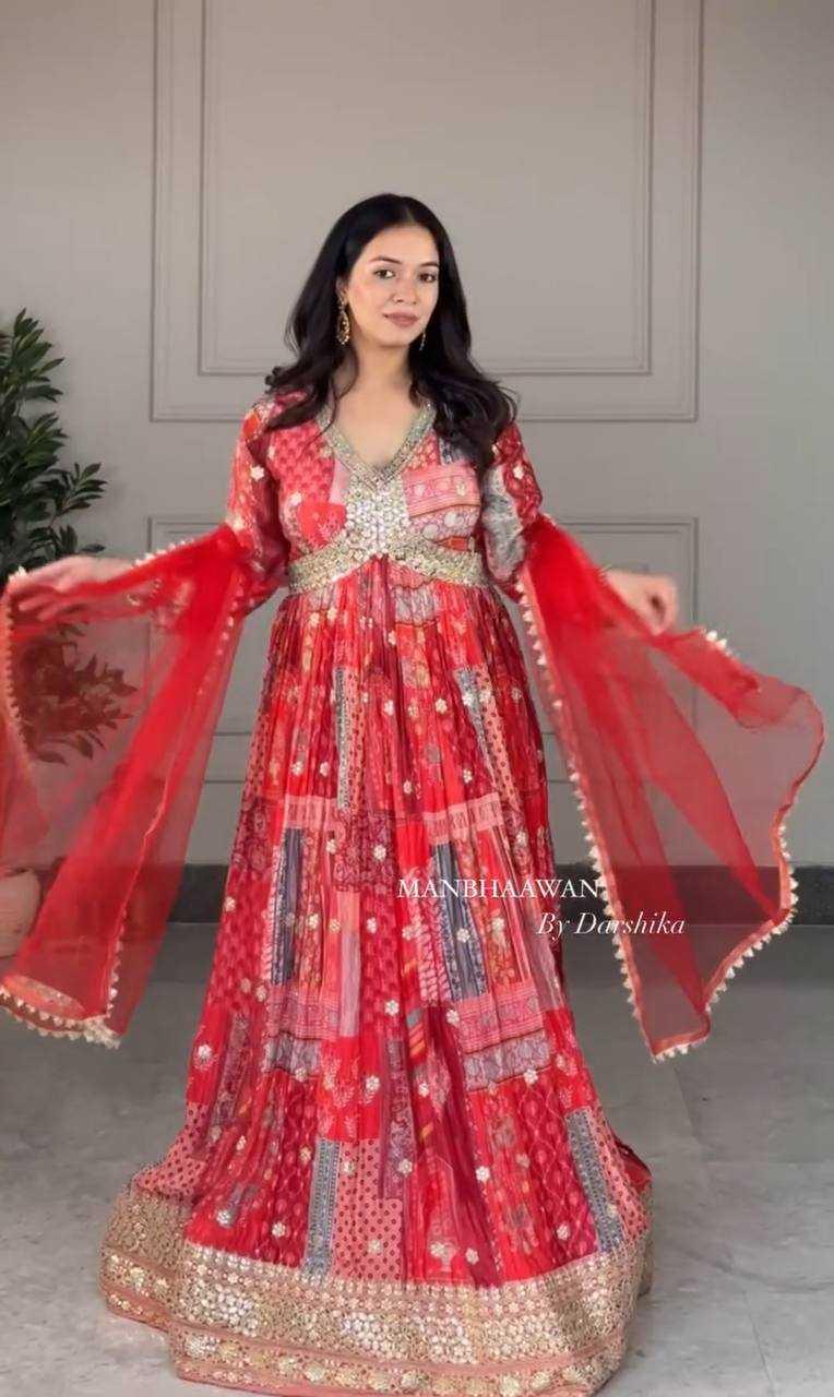 PRINTED FANCY EMBROIDERY ANARKALI LONG DIWALI COLLECTIONS GOWNS Red M