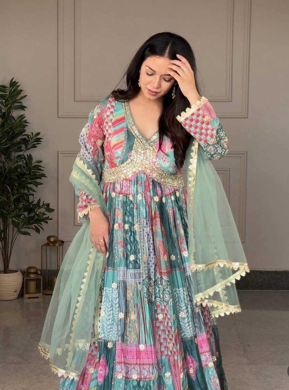 PRINTED FANCY EMBROIDERY ANARKALI LONG DIWALI COLLECTIONS GOWNS Sky blue M