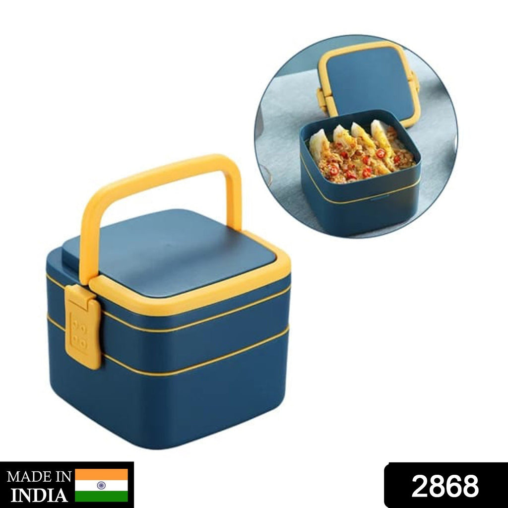 Blue double-layer stackable portable lunch box with carrying handle and spoon