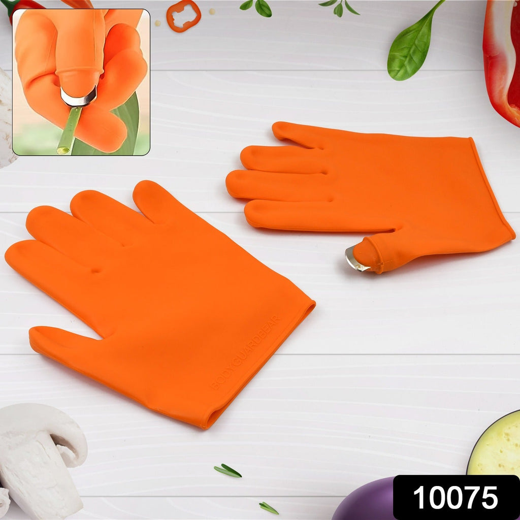 Person harvesting vegetables using silicone thumb knife and finger protector gloves