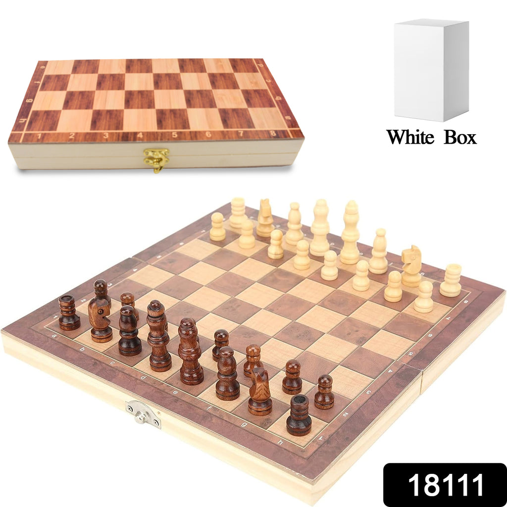 Foldable wooden chess board set, open and complete with all chess pieces arranged.