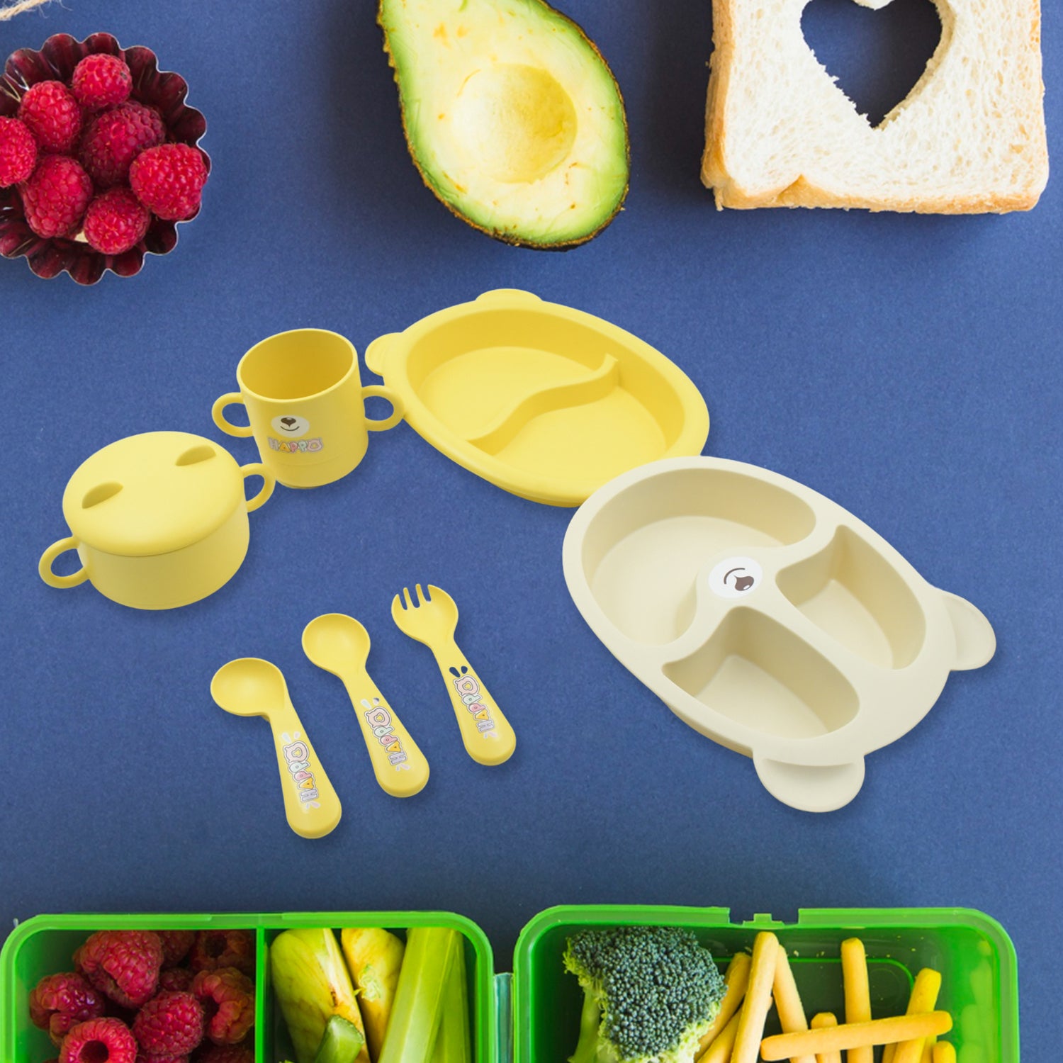 Baby Feeding Set For Kids And Toddlerschildren Children Dinnerware Set - Bamboo Fibre Feeding Set For Kids Cartoon Design Plate Cup Spoon Fork And Chopsticks Tableware Cutlery For Kids Microwave Dishwasher Safe (7 Pcs Set)