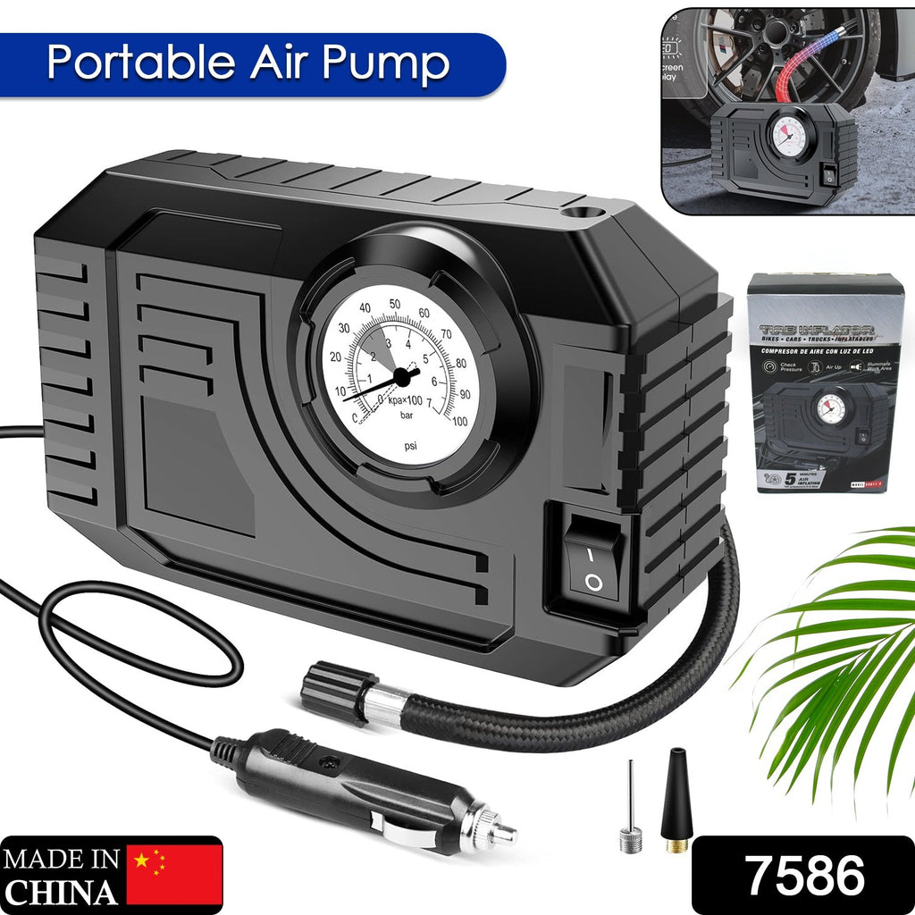 Portable 12V car tire inflator and air compressor with LED light, powered by car outlet.