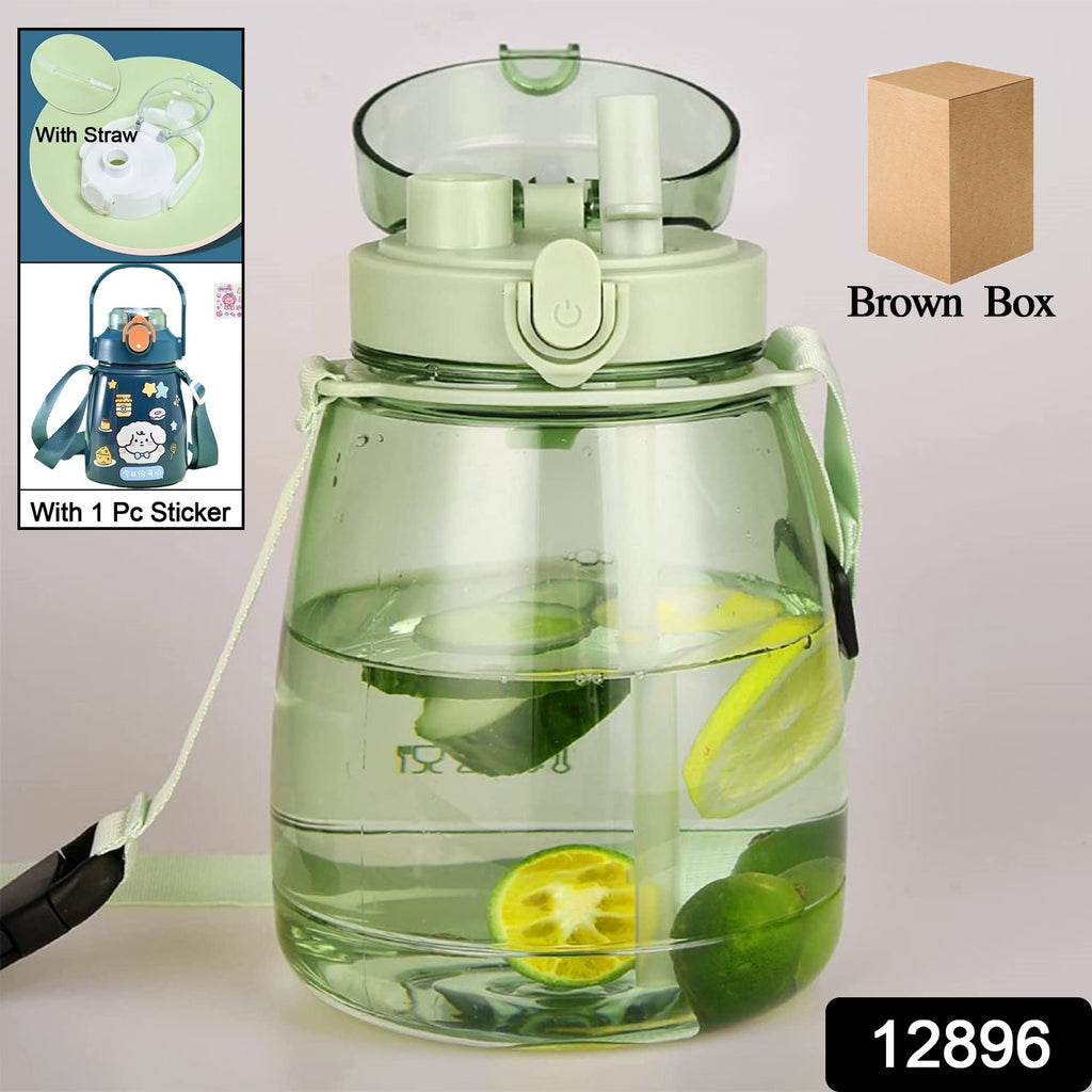 Fashionable 1300ml cute pink portable insulated water bottle with straw, strap, and stickers.