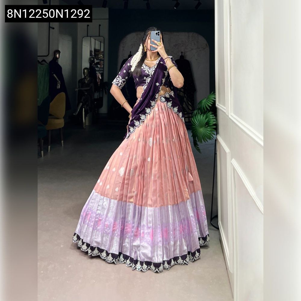 Front view of model in Zari Kota Lehenga Choli in Dark Purple, Pink, and Lavender, perfect for festive occasions.