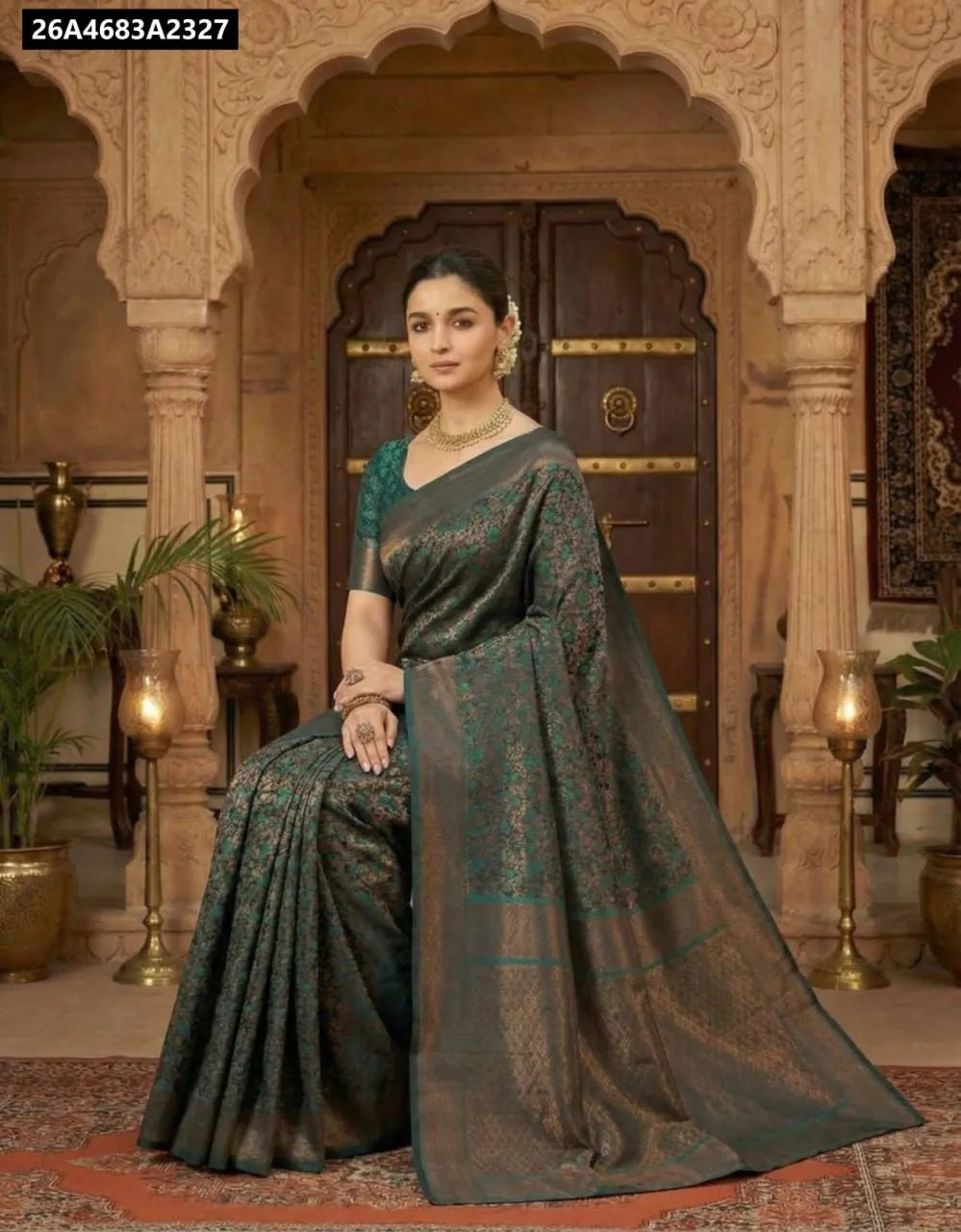 Model in TRENDBUY Two-Tone Satin Saree (Forest Teal) with Zari Weave - Front View