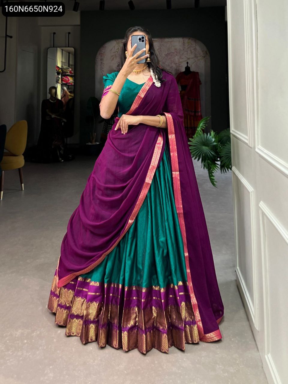 TRENDBUY Zari Weaving Poly Cotton Lehenga Choli in Teal and Purple for women, front view