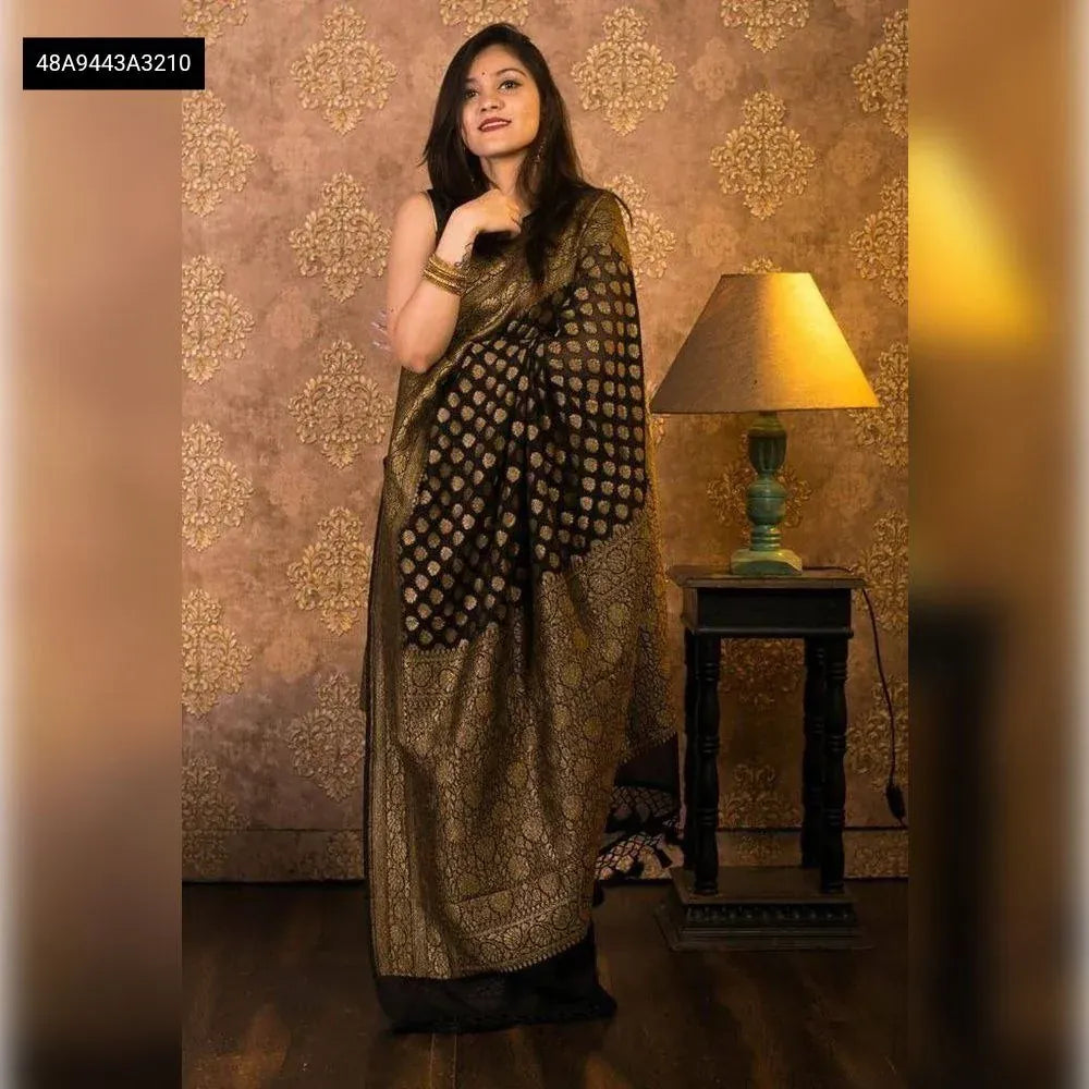 Model wearing TRENDBUY Black Khadi Georgette Silk Saree, standing pose