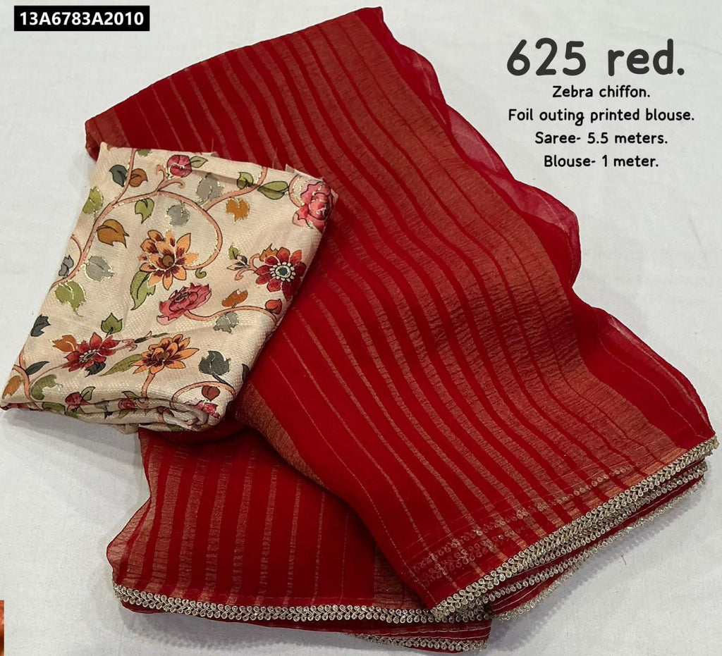 TRENDBUY Red Zebra Chiffon Saree with Floral Crape Silk Blouse, flat lay product shot
