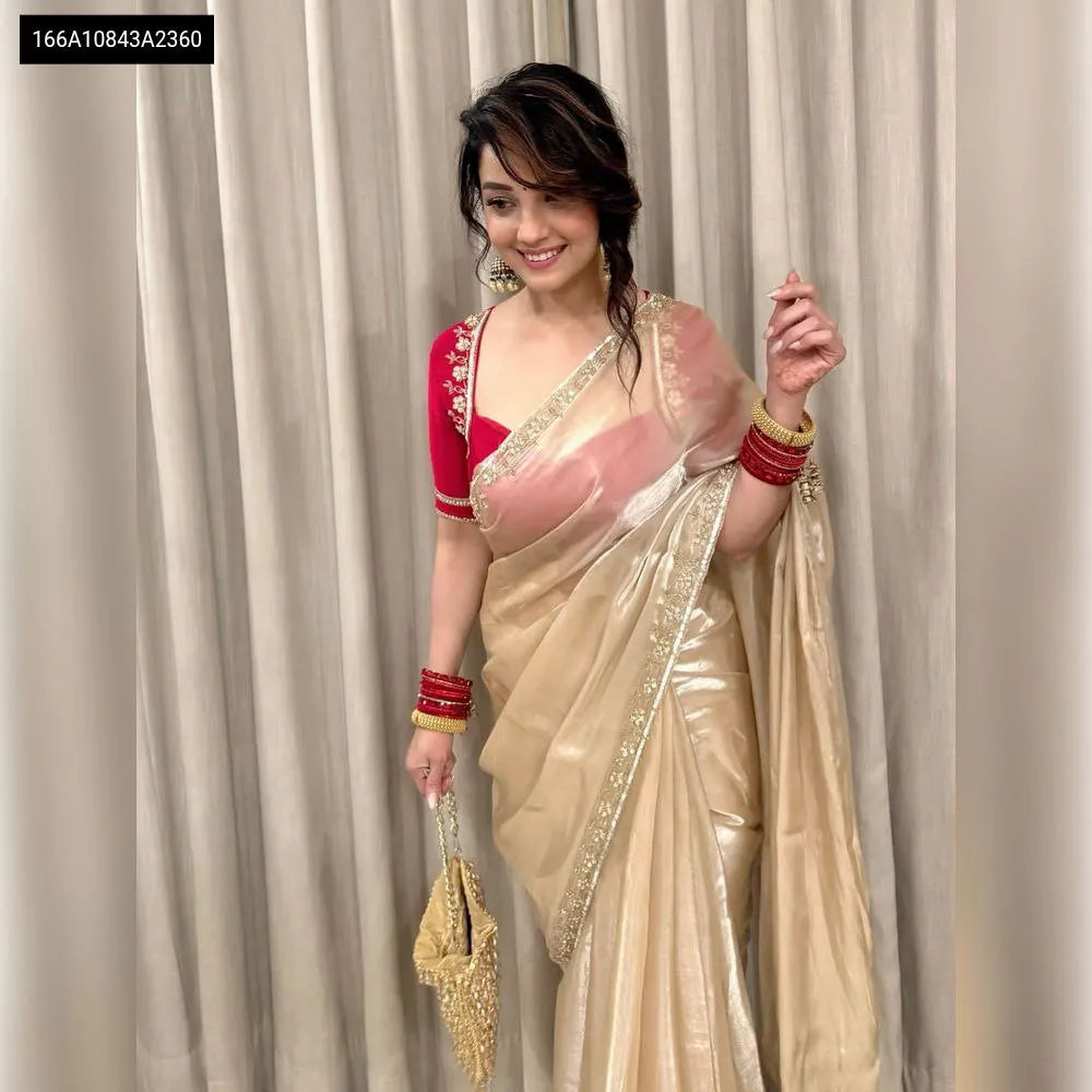 Zimmy Choo Silk Saree in Champagne Gold with Cut Dana Handwork